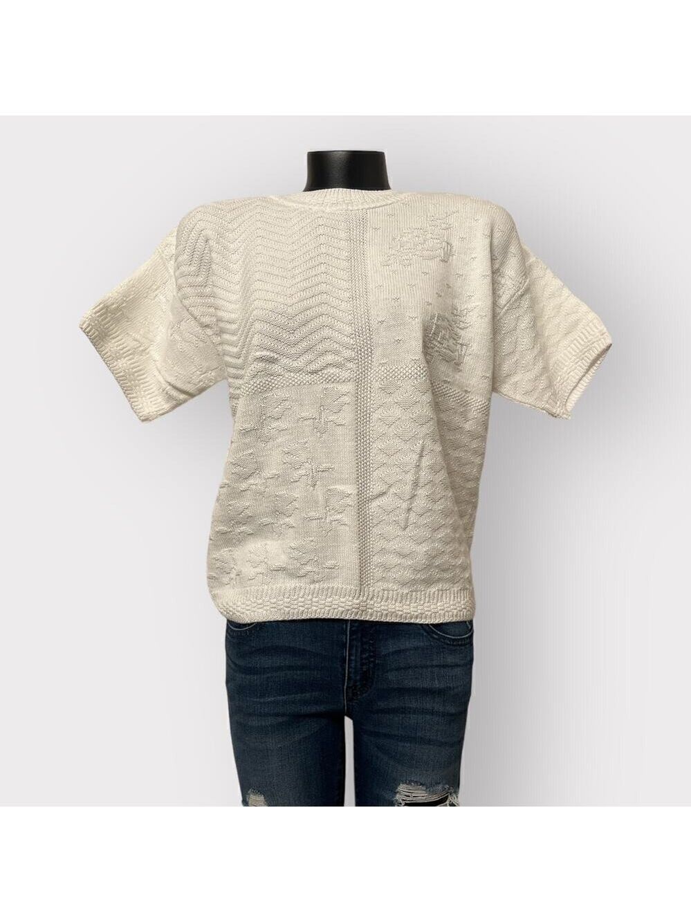 Worthington NEW VINTAGE Womens Knit Tee Sweater sz L Short Sleeve White Retro